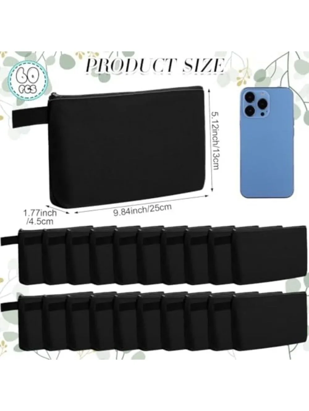 60 Pcs Canvas Makeup Bags Set, Black, 9.8